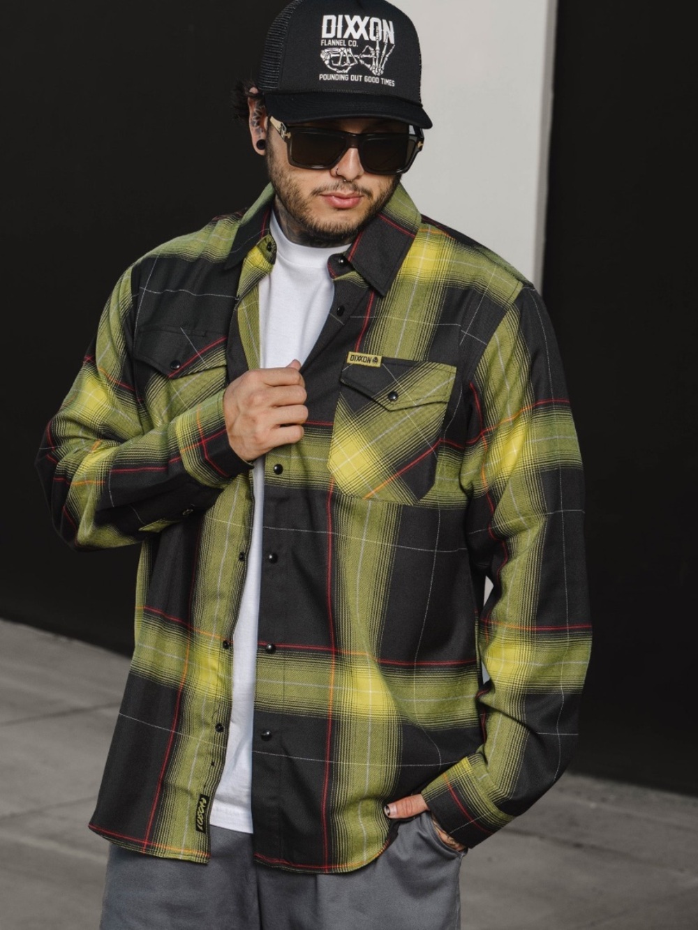 DIXXON Hosoi flannel Black and Yellow Plaid Button-Down Shirt